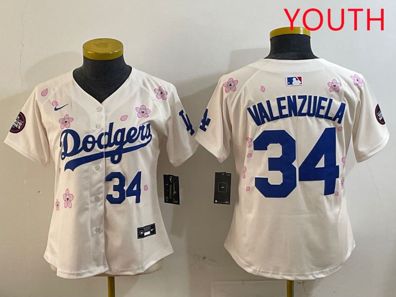 Youth Los Angeles Dodgers #34 Valenzuela Cream Sakura Edition 2025 Nike MLB Jersey style 8->youth mlb jersey->Youth Jersey